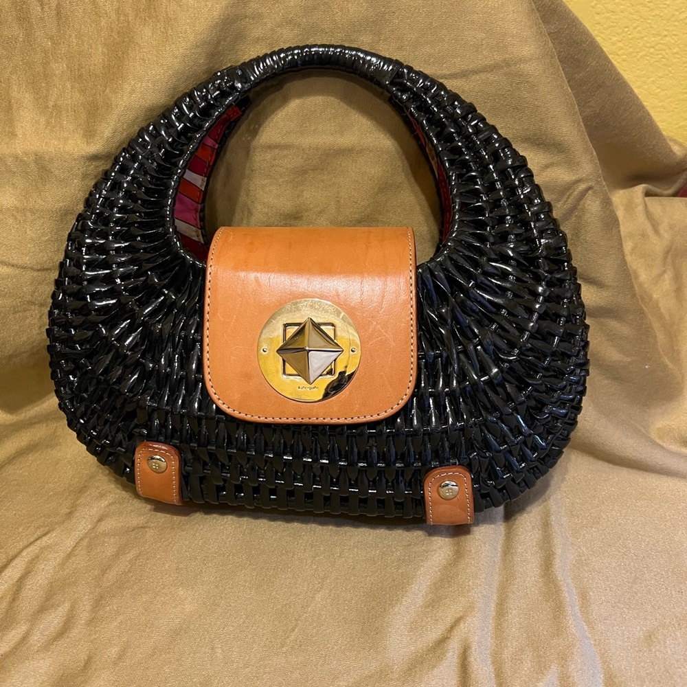 Kate Spade Black and Tan Crescent Bag with Gold Accent and leather trim